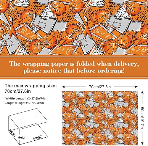 Miniatura 2 de AnyDesign - 12 hojas de papel de regalo de baloncesto con temática de pelota deportiva, papel de envoltura de regalo plegable a granel, papel de