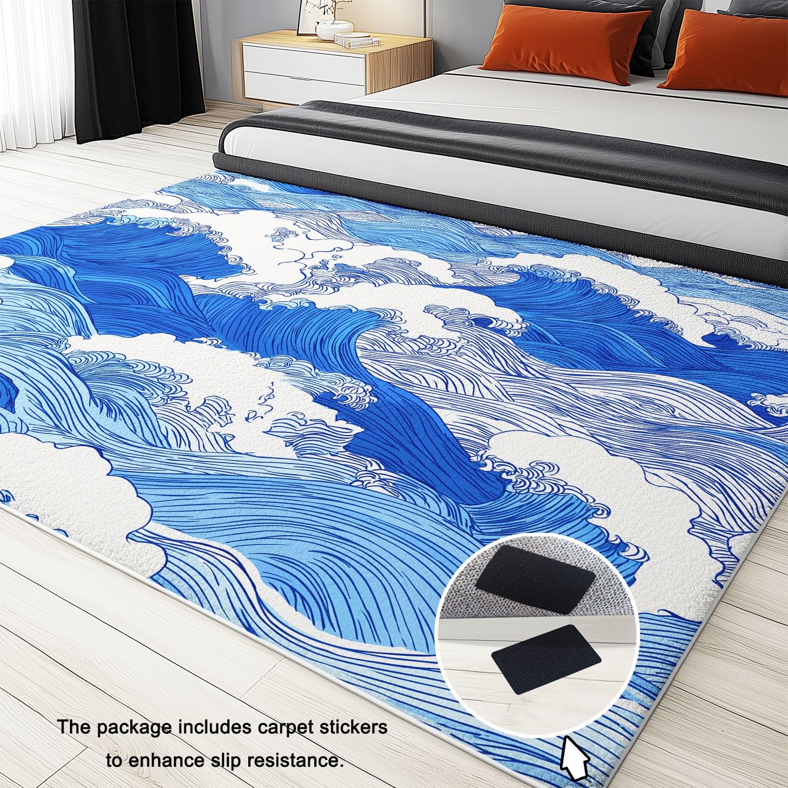 Generico Dywan można prać w pralce do salonu Dywany 160 x 230 cm Hokusai Fale linie Sztuka, puszyste antypoślizgowe miękkie niskie runo, do przedpokoju sypialni i kuchni niebieski