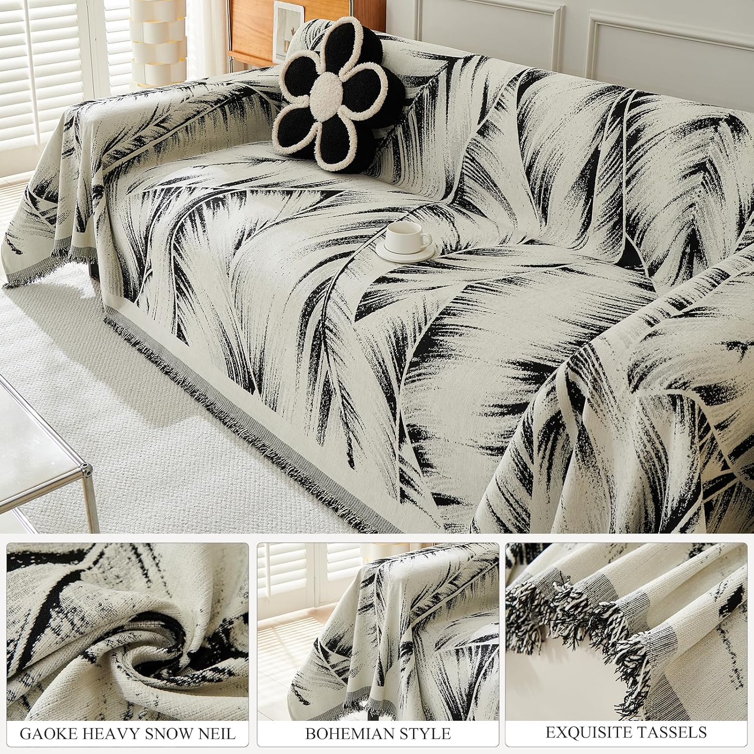 Chenille Sofa Cover Couch Cover Bohn- Anti-Slip & Washable Sectional Slipcover, Pet Friendly Furniture Protector Fits 2/3/4 Seat Couches(Black, 71 * 134 inch)