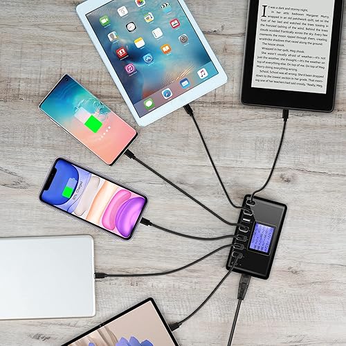 Miniatura 4 de Cargador USB, 60 W, 12 A, 8 puertos, estación de carga USB, cargador concentrador USB multipuerto, pantalla LCD de tamaño compacto, compatible con