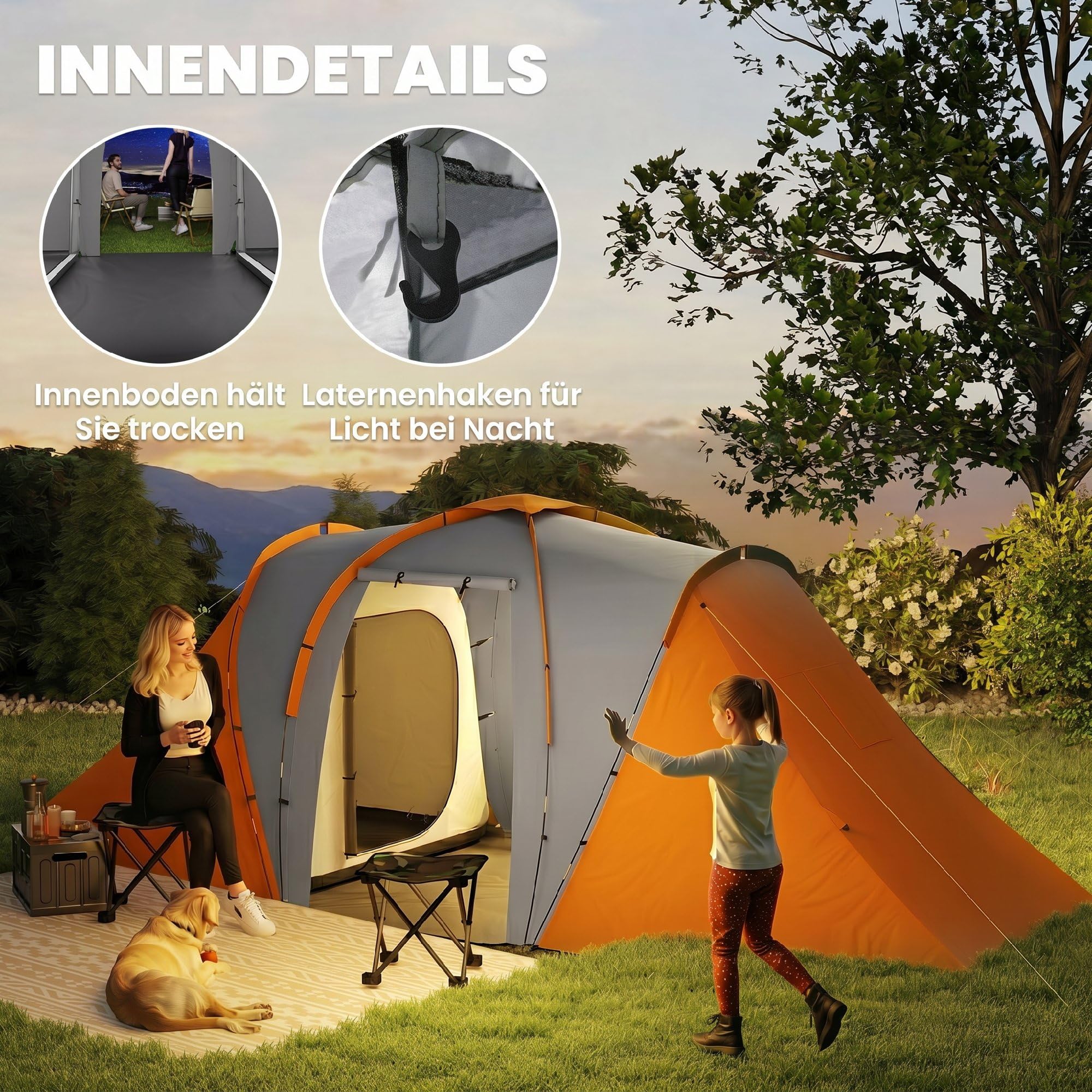 Outsunny Tente tunnel, tente de camping pour 4 à 6 personnes, avec 2 chambres, salon, tente familiale avec sac de transport, 2000 mm, imperméable, pour jardin, camping