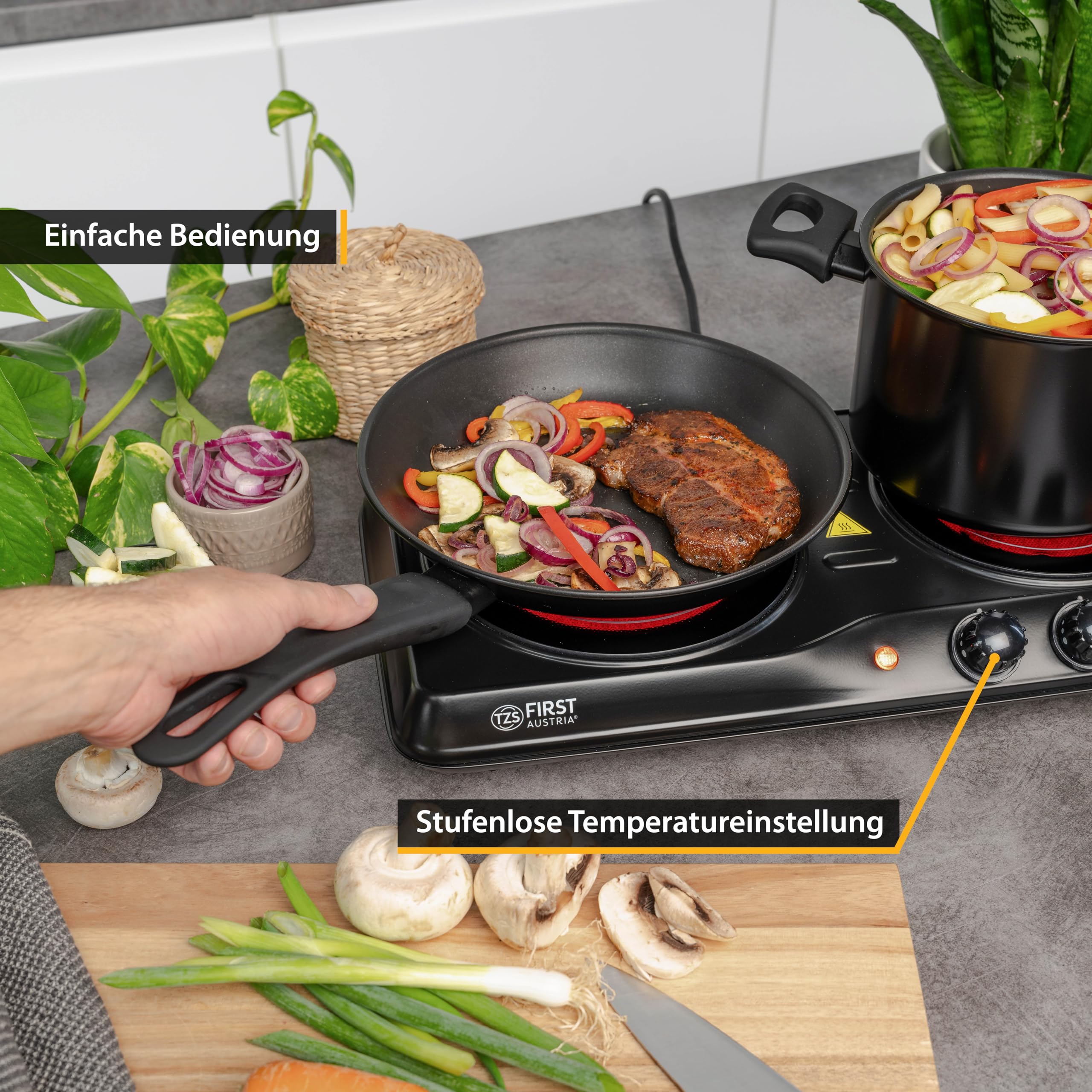 TZS First Austria - Kochplatte Infrarot 2er Glaskeramik-Herdplatte ALLE Topfarten 2000W - Doppelkochplatte Kochfeld elektrisch für Umzug, Camping & Wohnung - Stufenlose Einstellung & Kontrollleuchte