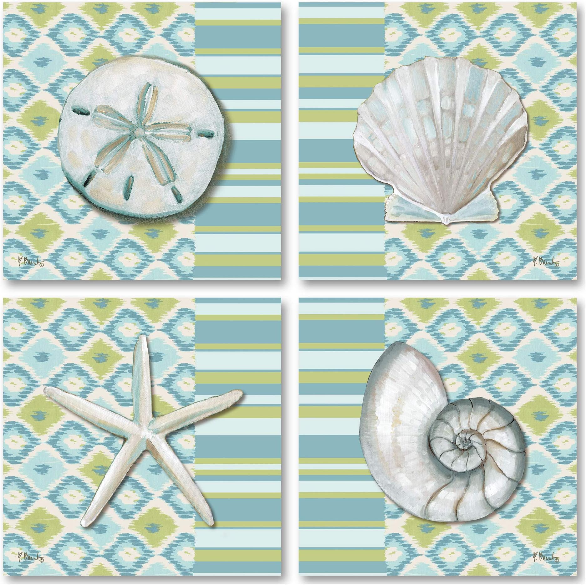 Gango Editions Colorful Watercolor Coastal Shells on an Ikat Background; Four 12x12in Prints