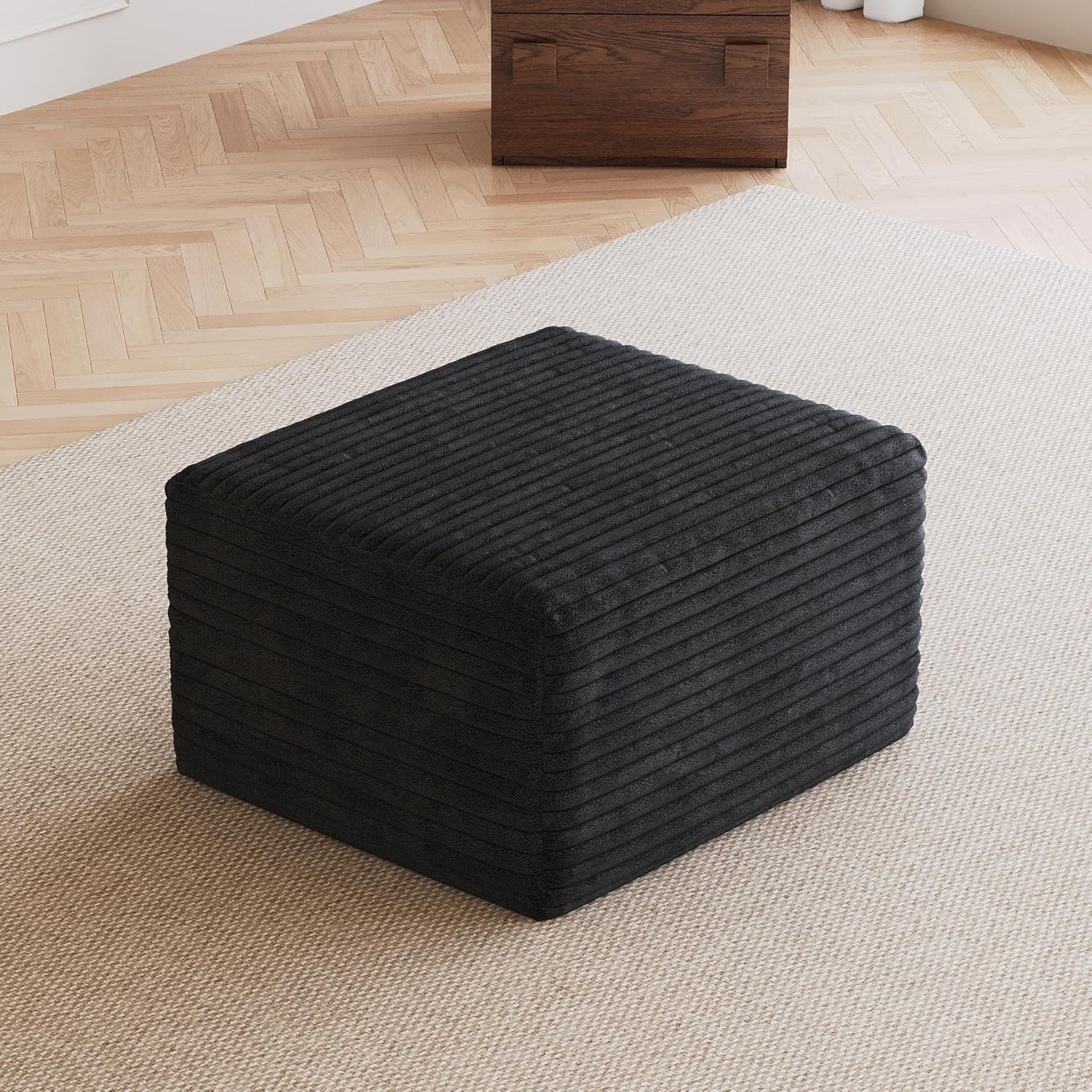 25.6" Corduroy Ottoman Foot Rest,Plush Memory Foam Couch Ottomans,Boneless Compressed Sofa in a Box for Living Room No Assembly Require,Black