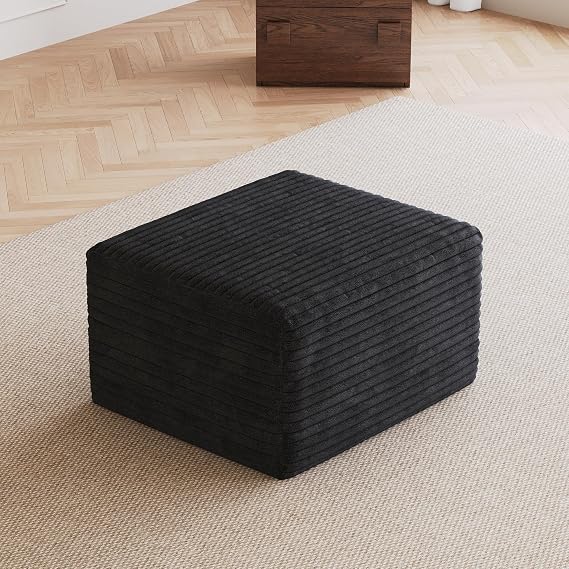 Square Ottoman for Modular Sectional Sofa,Corduroy Stool with High-Resilience Sponge,No Assembly Required Foot Stool for Living Room,Bedroom and More (Black, 26 Ottoman)