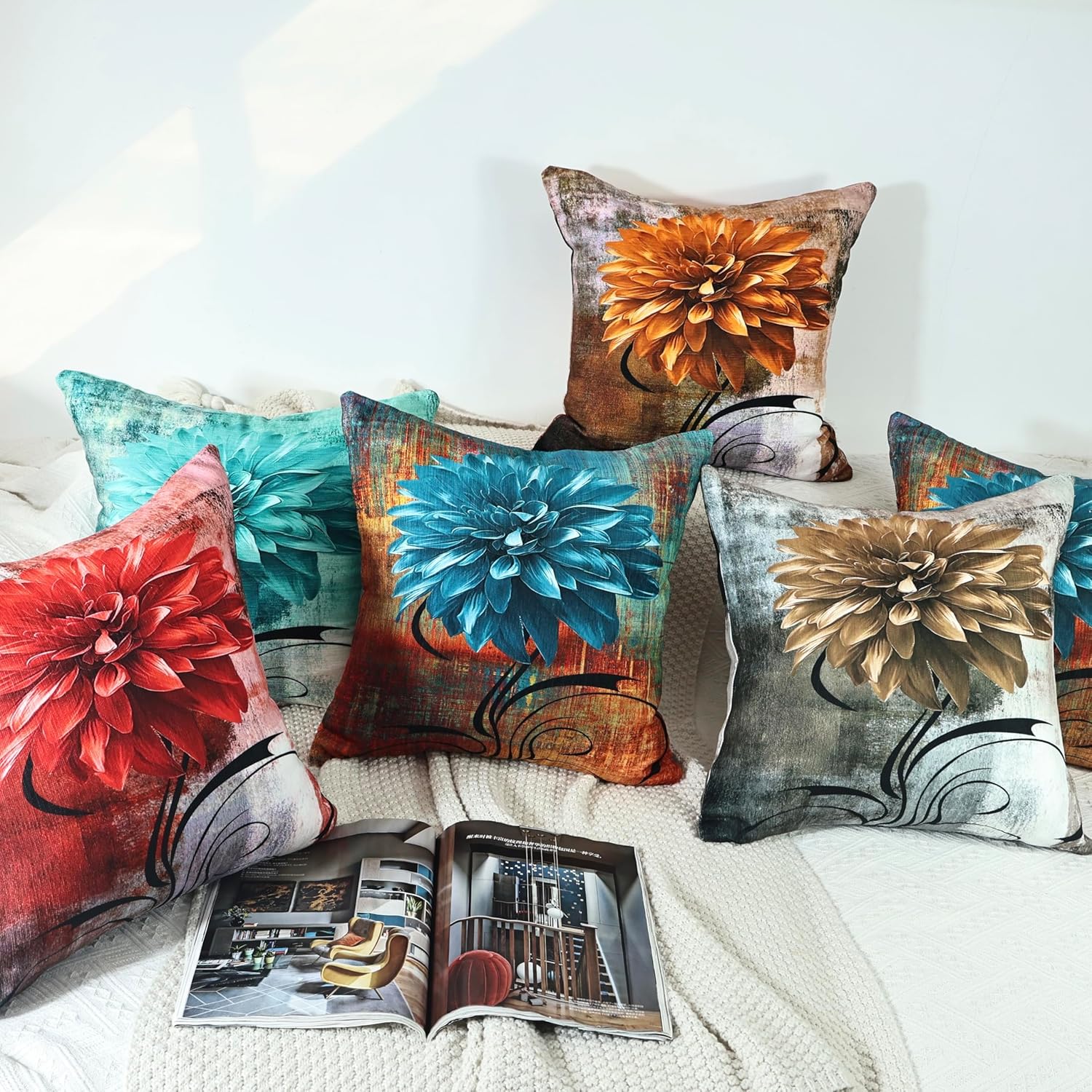 OYIMUA Soft Decorative Chenille Red and Grey Throw Pillow Covers 22x22 Set of 2 Vintage Abstract Flower Pillow Case for Couch Sofa Bedroom Living Room Home Decor Accent Pillows