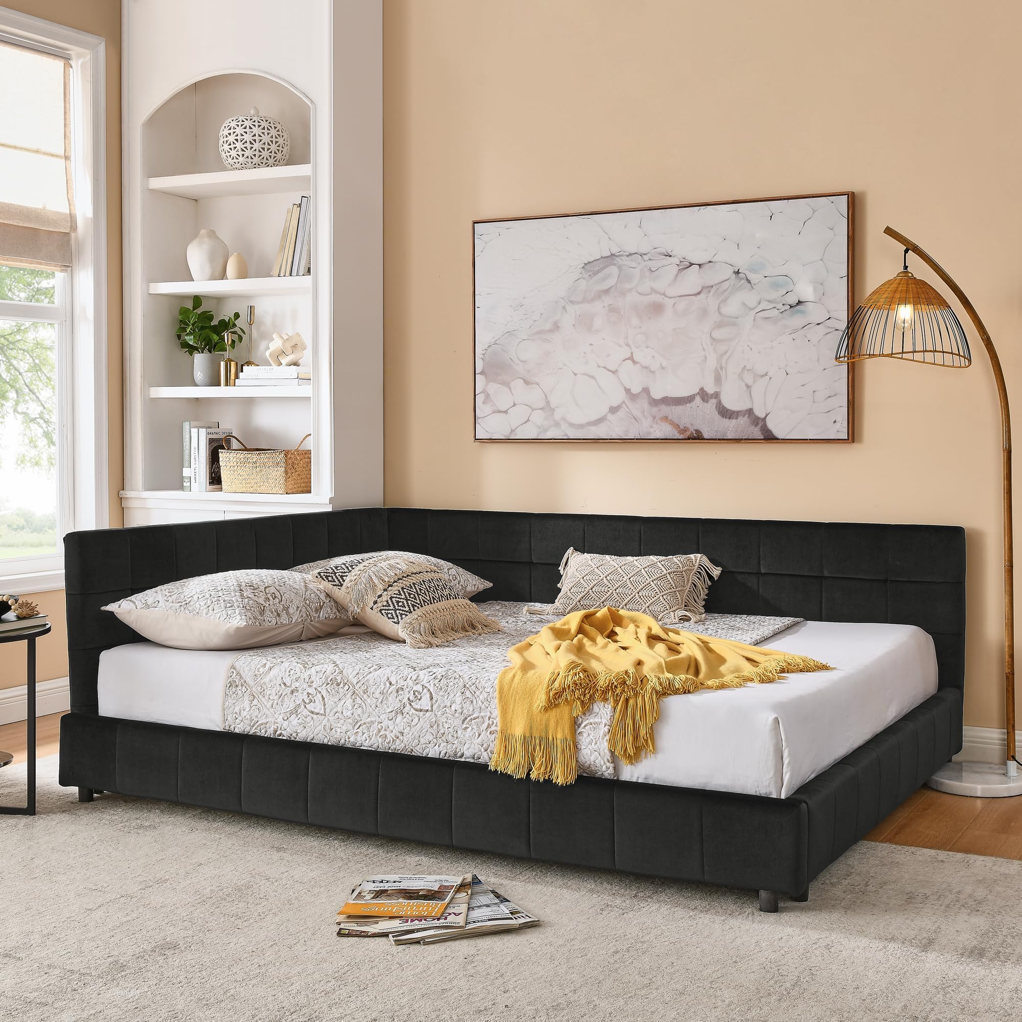 Queen Size Corner Bed Frame, Upholstered Tufted Queen Daybed with Comfortable Backrest and Armrest, Velvet L-Shaped Sofa Bed Frame for Bedroom, Living Room, Guest Room, Black