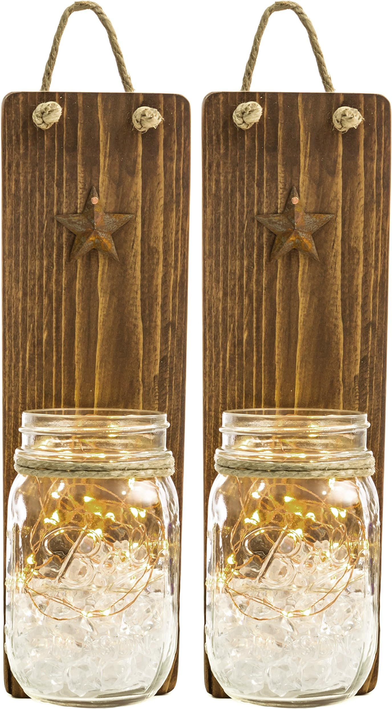 Heartful Homes Rustic Wood Bathroom Wall Decor - Pair Primitive Mason Jar Organizers -#1 Decorative Accessories Set for Country, Western, Vintage, and Outhouse Style - Toothbrush Holder (Honey)