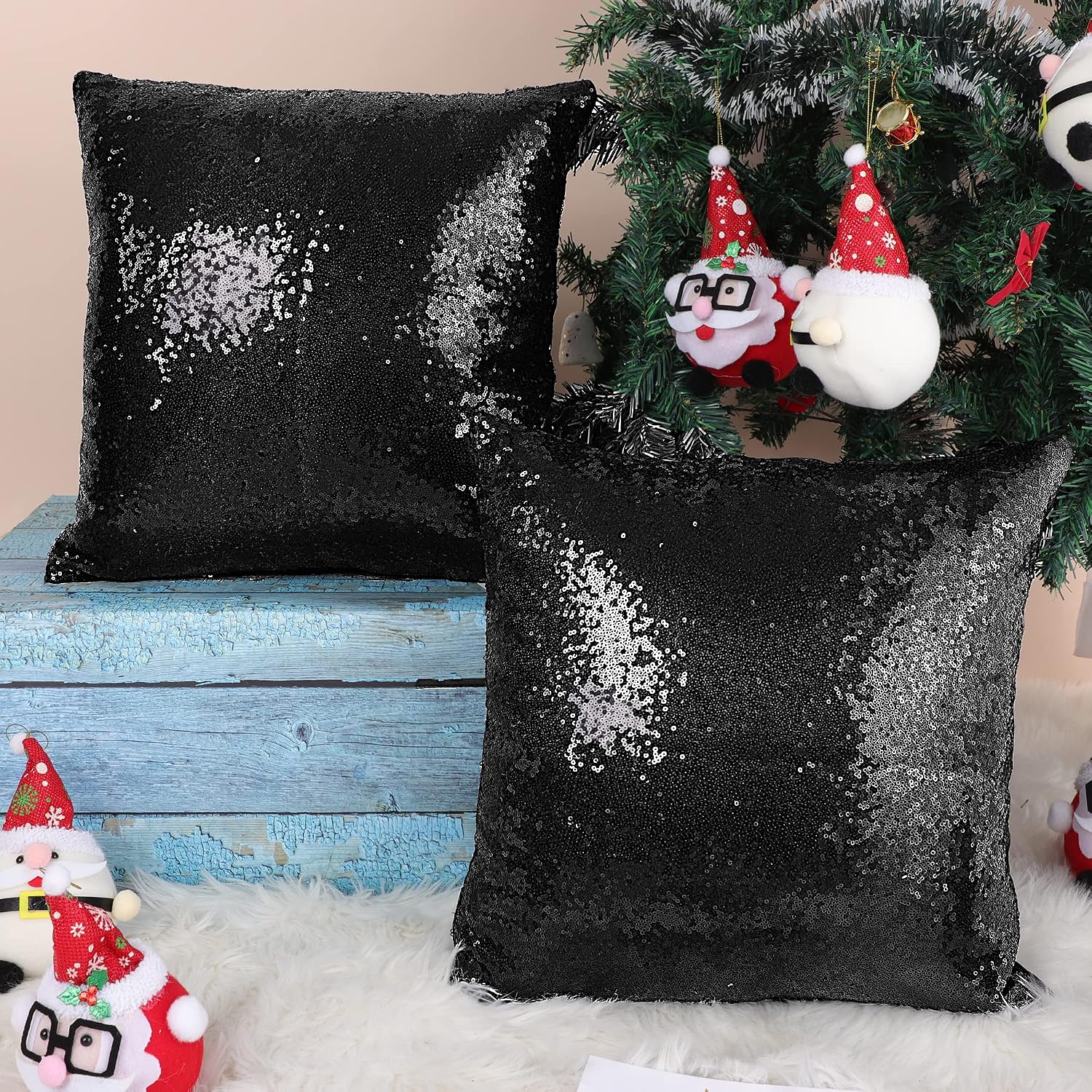 PiccoCasa 2 Pcs Sequin Throw Pillow Covers, 18x18 Inch, Glitzy Decorative Cushion Cover, Shiny Sparkling Satin Square Pillowcase Cover for Livingroom Decor Wedding Party, Black