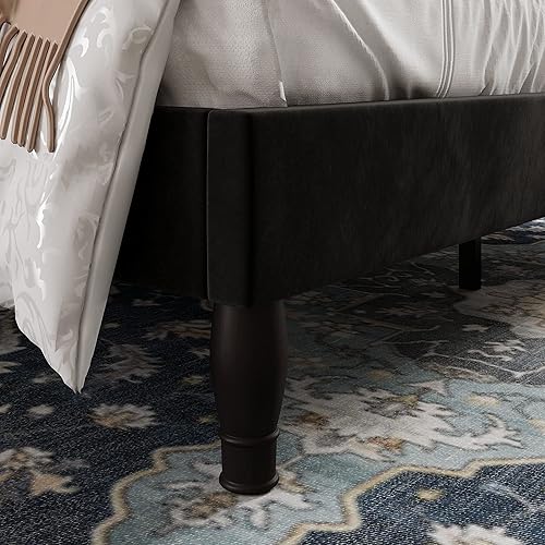 Miniatura 8 de Allewie Marco de cama de terciopelo Queen con cabecera ajustable, listones de madera, no necesita somier, fácil montaje, color negro