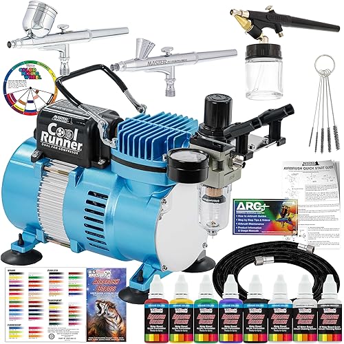 Master Airbrush Cool Runner II Air Brush Kit with Air Compressor Dual Fan, 3 Airbrushes, 6 Color Acrylic Paint Set, Hose, Brushes & Learning Guide Manual for Crafts, Auto, Tattoo & Model Painting