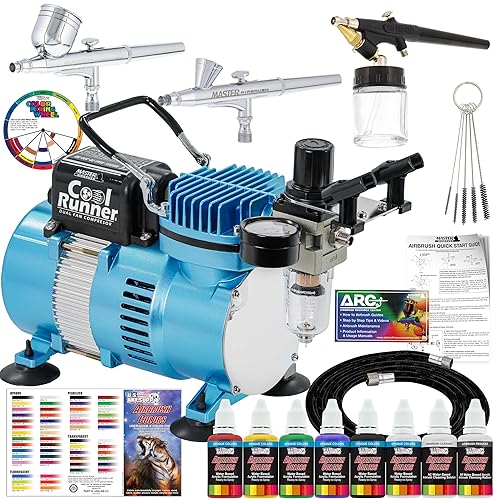 Master Airbrush Cool Runner II Air Brush Kit with Air Compressor Dual Fan, 3 Airbrushes, 6 Color Acrylic Paint Set, Hose, Brushes & Learning Guide Manual for Crafts, Auto, Tattoo & Model Painting - Cool Blue