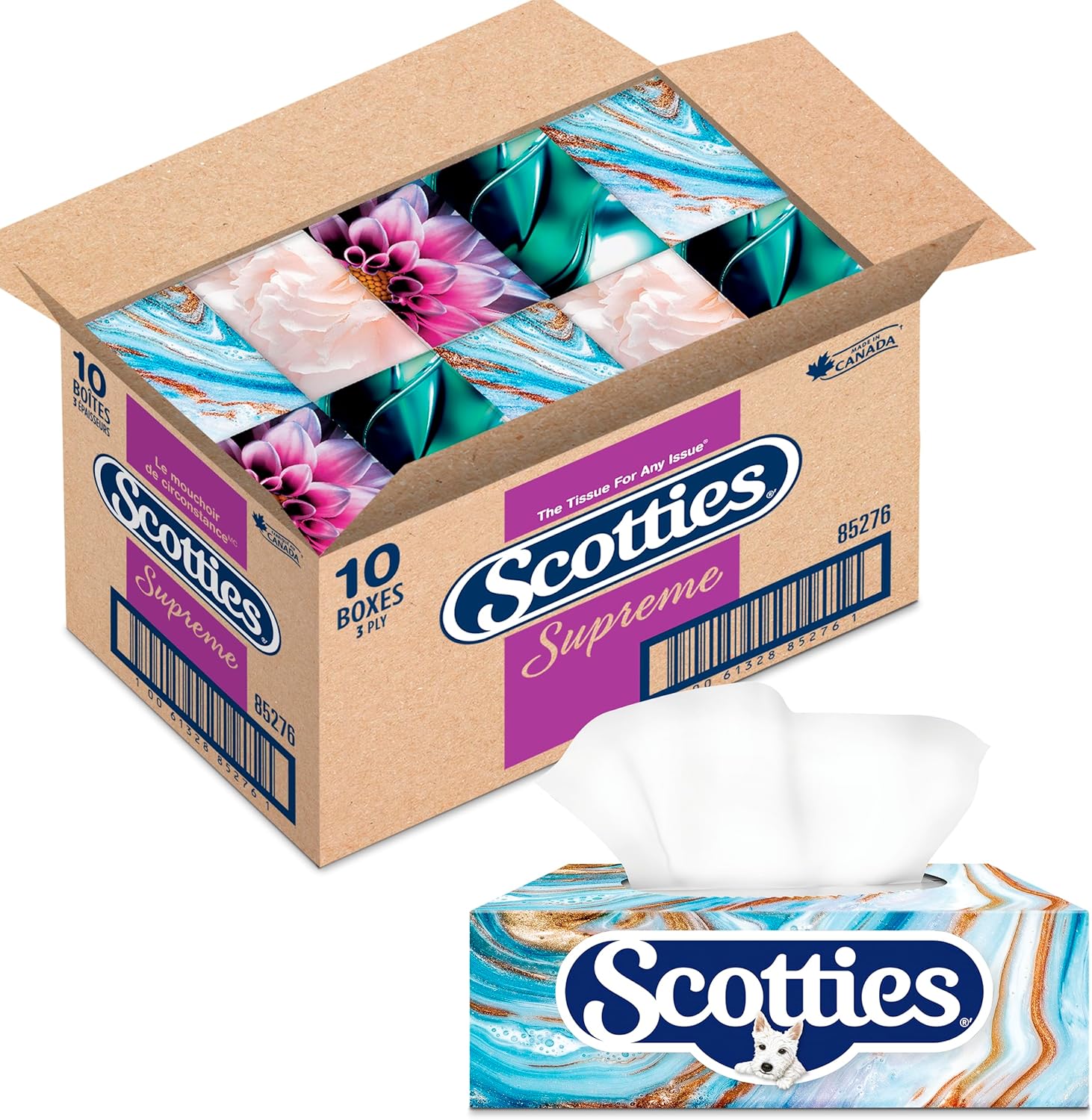 Scotties Supreme 3 Ply Facial Tissues, Hypoallergenic and Dermatologist Tested, 10 Boxes, 81