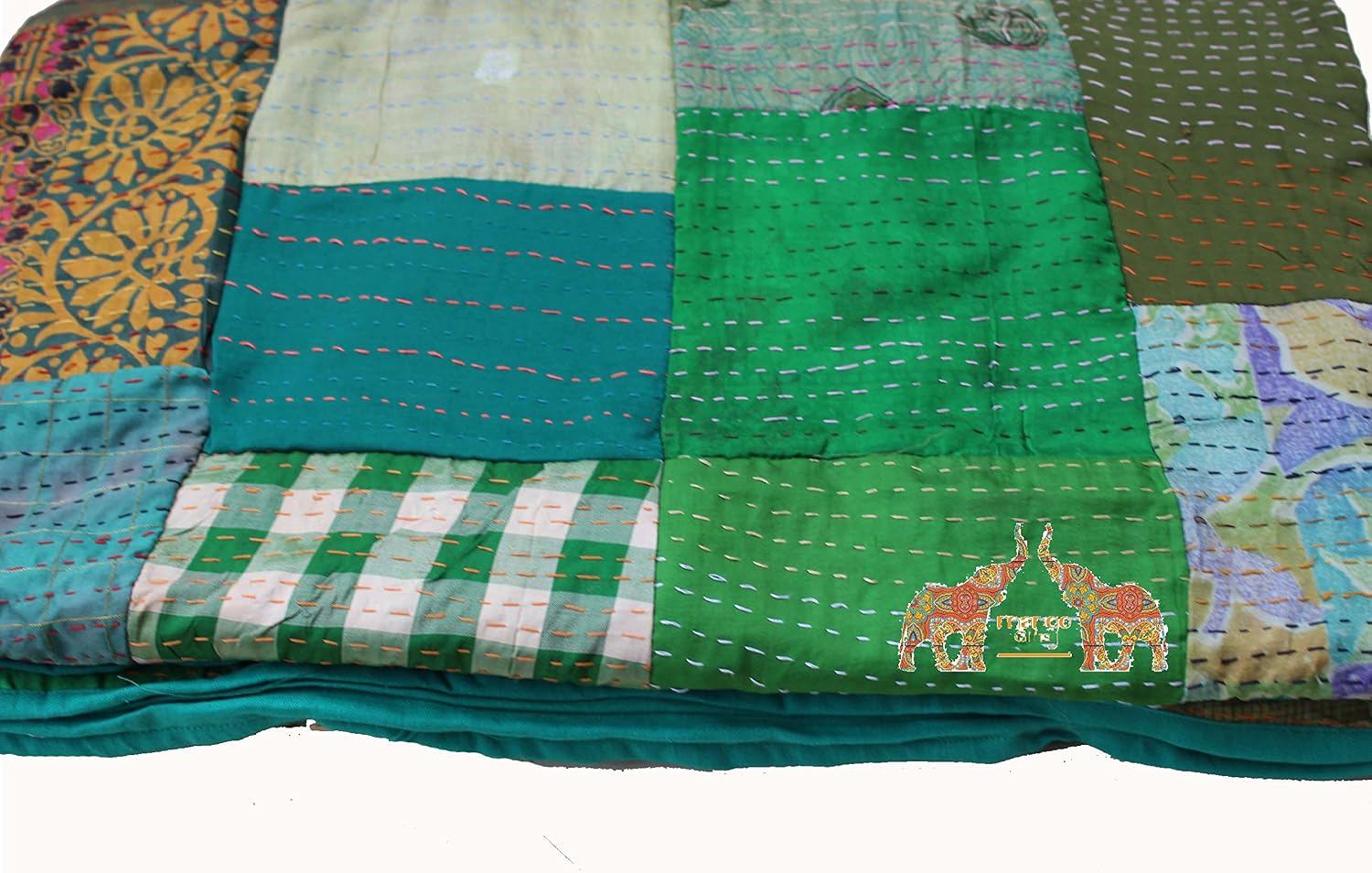 Mango Gifts Traditional Indian Silk Patola Quilt, Queen Size 88" X 108"inches, Kantha Stitch Gudri Bedspread and Bed Cover and Raill India