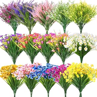 Thiccywoov 60 Bundles Outdoor Artificial Fall Flowers Bulk,Classic,Green | Fake Autumn Plants 15 Styles, UV Resistant Plastic Plants, for Window Box Porch Patio Home Garden, Thanksgiving Fall Decor