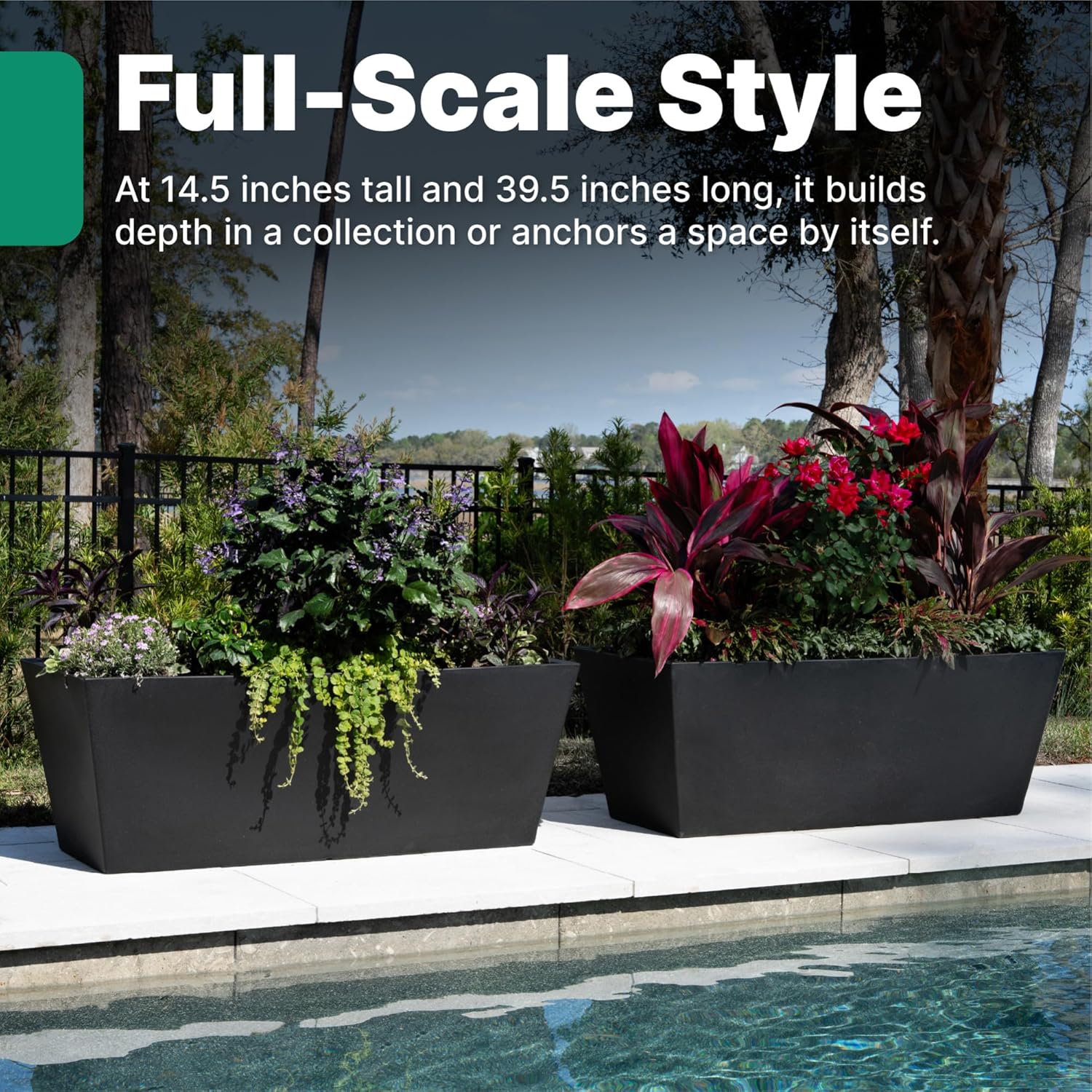 Step2 Tremont Trough Planter, Large Planters for Outdoor Plants, Gardening and Flower Pot for Patio or Porch, Efficient Drainage, Durable Plastic, Black, 2-Pack