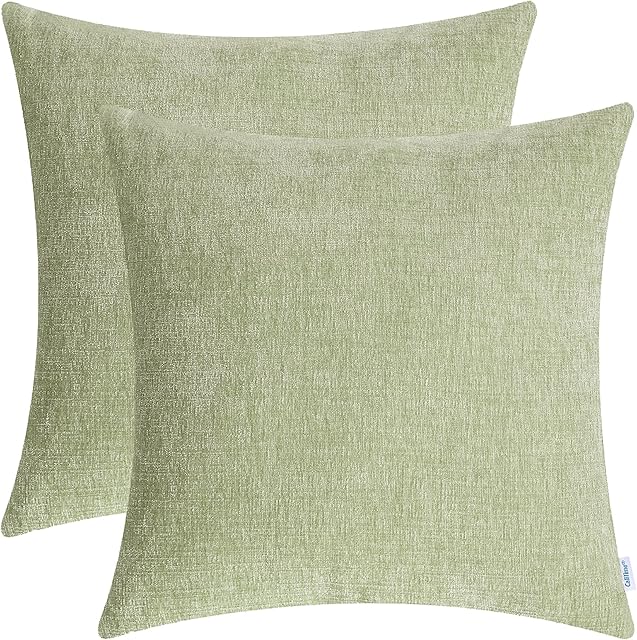 CaliTime Cushion Covers Pack of 2 Cozy Throw Pillow Covers Cases for Couch Sofa Home Decoration Solid Dyed Soft Chenille 50cm X 50cm Sage