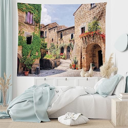 Miniatura 6 de Lunarable Tapiz de la Toscana, calles italianas en el campo, casas de ladrillo tradicionales con estampados antiguos toscanos, decoración de tela