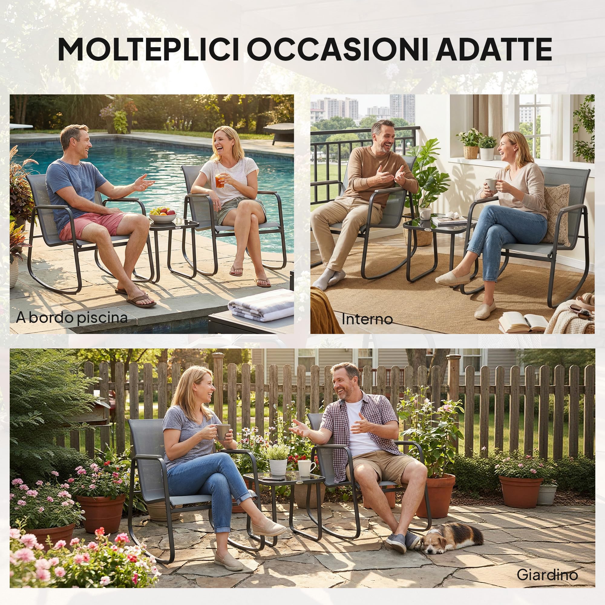 Outsunny Set da Bistrò da 3 Pezzi, Set Tavolo e Sedie da Giardino in Acciaio con 2 Sedie a Dondolo Traspiranti in Texteline e Tavolino in Vetro, per Patio Balcone, Grigio