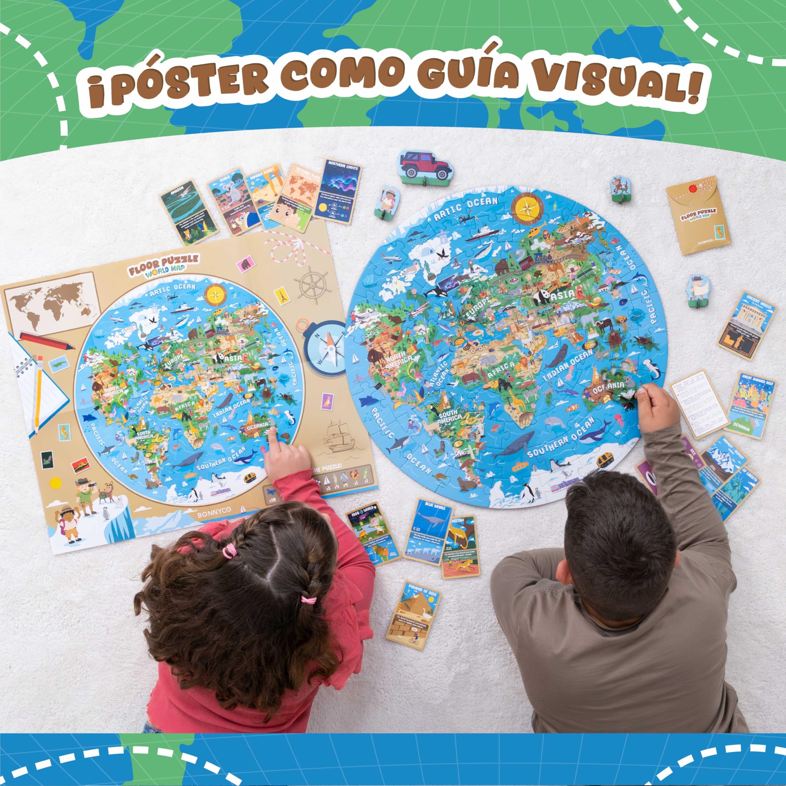 BONNYCO Puzzle XXL Mapa Mundi Niños con 70 Piezas Grandes. Rompecabezas Redondo con Animales, 58 x 58 cm, 15 Tarjetas, 4 Figuras y Guía. Juegos Educativos, Regalos, Juguetes Niños 4 Años