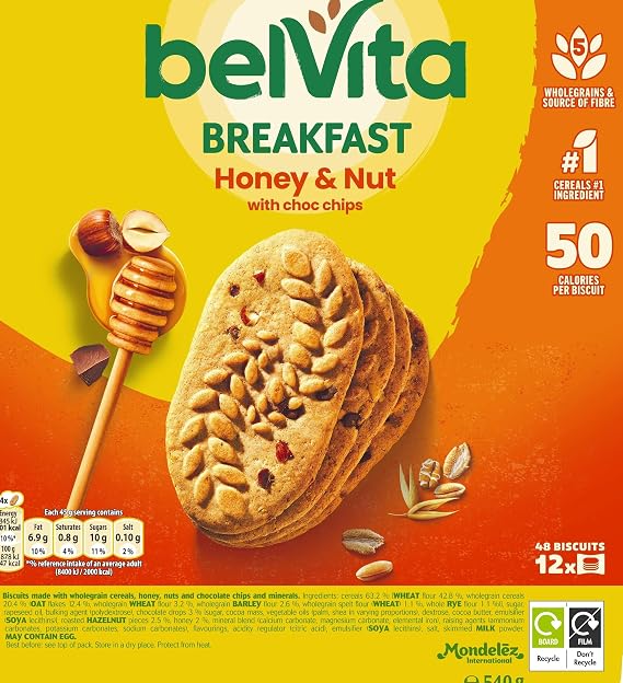 Belvita Breakfast Biscuits, Honey & Nuts with Choc Chips, 540 g (Pack of 1)