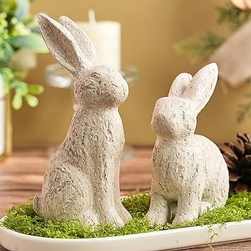 Beige Easter Bunny Decor, Bunny Figurines Set of 2, Resin Rabbit Decor with Stone-Look Finish, Vintage Bunnies Statue for Spring Table Centerpiece, Rustic Home, Farmhouse Mantle Shelf Decor