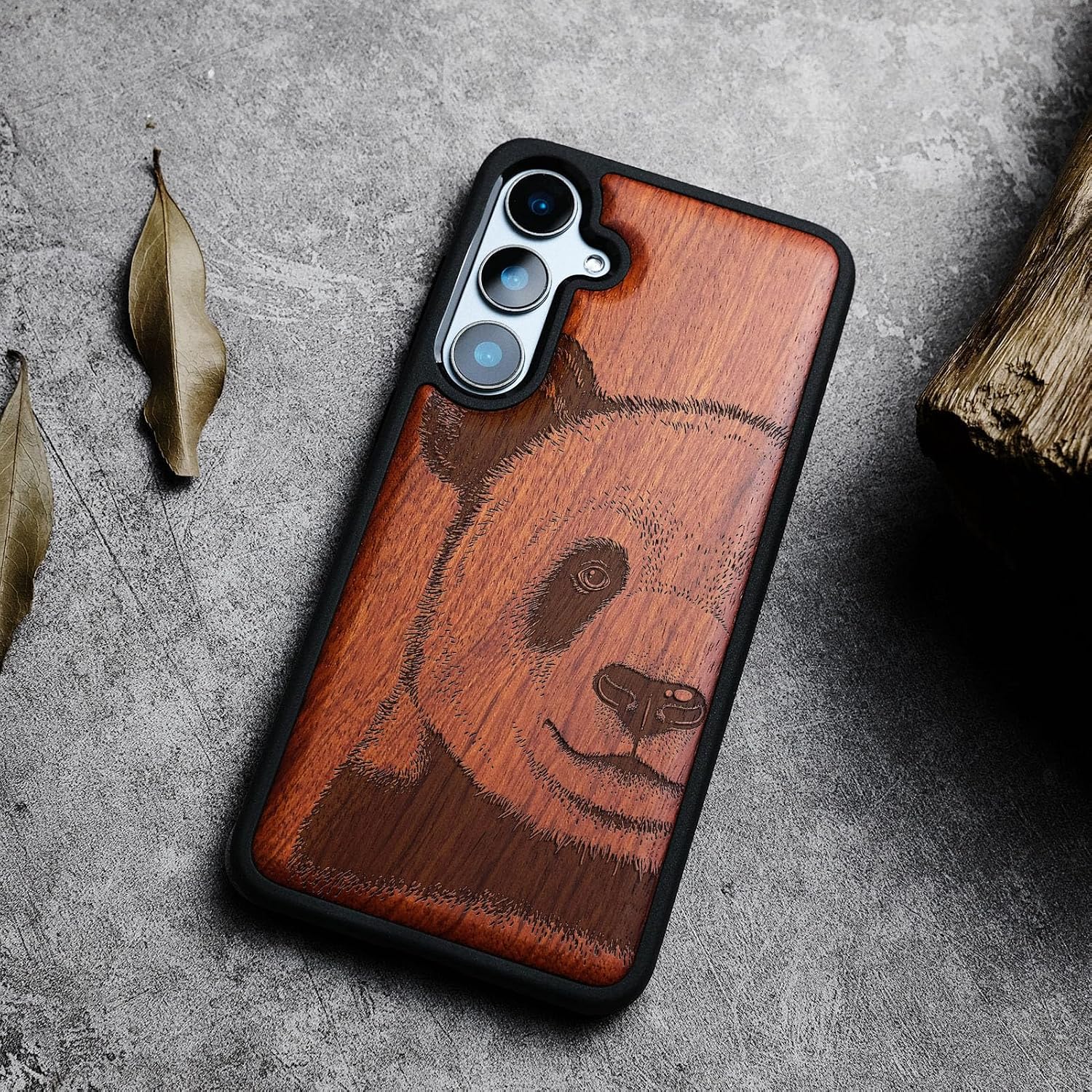 Carveit Wood Case for Galaxy S24 FE Case [Natural Wood & Black Soft TPU] Shockproof Protective Cover Unique Wooden Design Compatible with S24 FE (The Giant Panda's Gaze-Rosy)