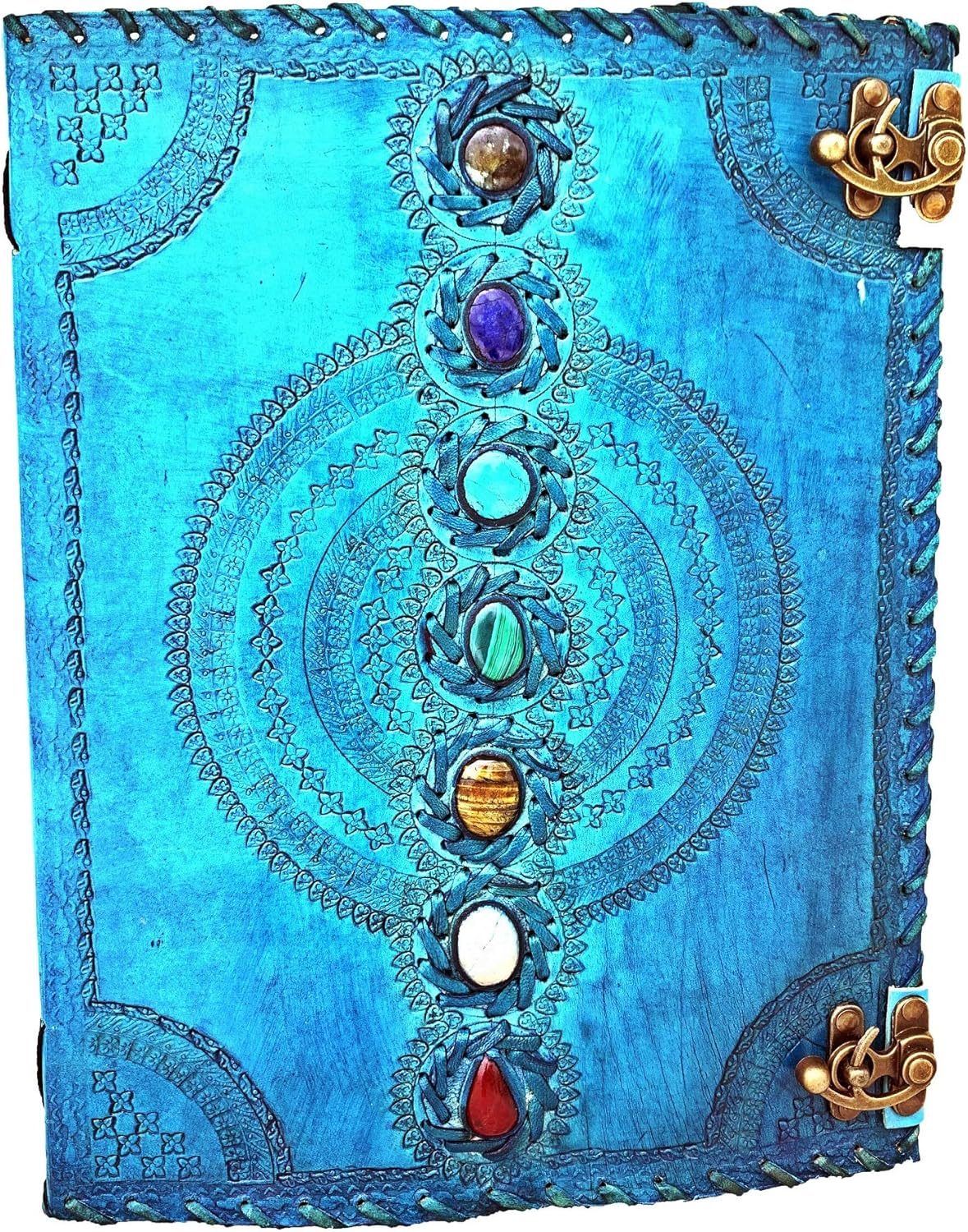 Leather Crafter's Leather Journal Book Seven Chakra Medieval Stone Embossed Handmade Book Of Shadows Notebook Office Diary College Book Poetry Book Sketch Book 10 X 13 Inches (Turquoise)