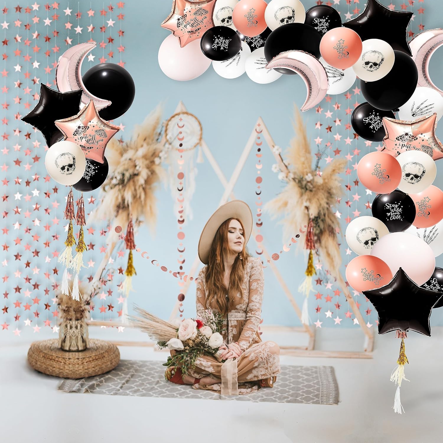 Cheerland Boho Party Decorations Rose Gold Black Balloon Kit Bohemian Birthday Decorations Cresent Moon Garlands Boho Theme Party Backdrop Halloween Party Decor image 4