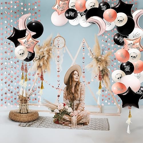 Miniatura 4 de Cheerland Guirnalda de globos bohemios de oro rosa negro, decoración de fiesta de Halloween, decoración de fiesta de Halloween, estrella, luna,
