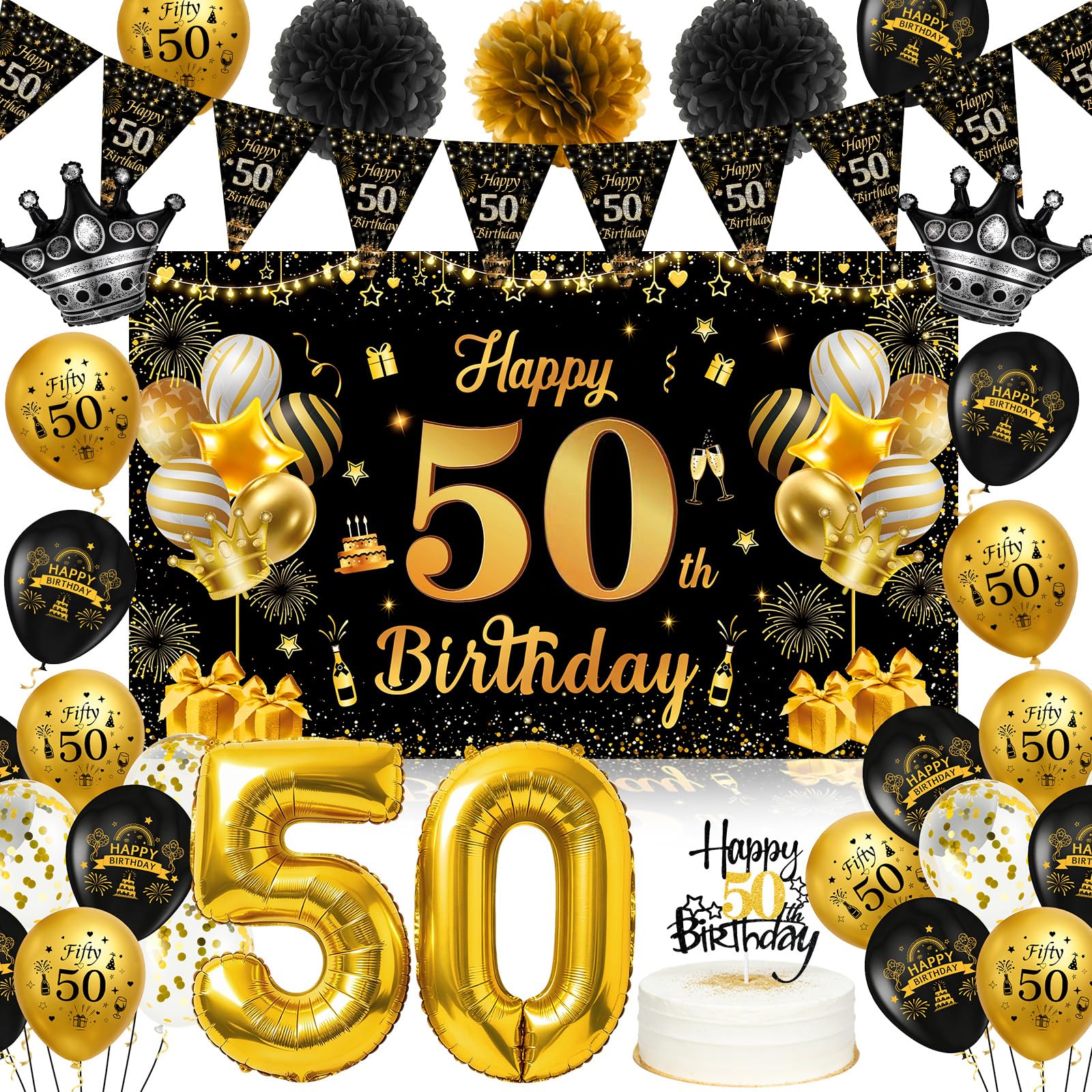 50th Birthday Decorations for Men Women, Black Gold Party Decorations Set