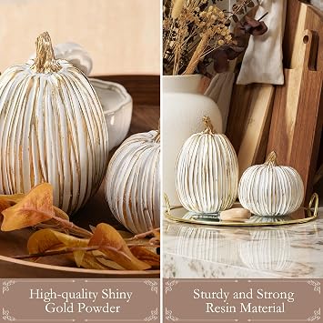 DN DECONATION White and Gold Fall Pumpkin Decoration for Table Centerpieces