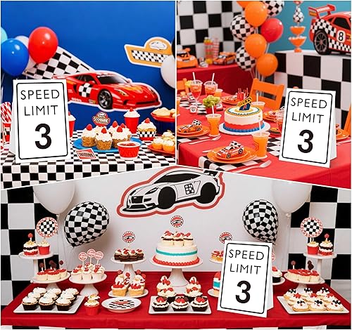 Miniatura 5 de Letrero de cumpleaños de coche de carreras, límite de velocidad 3, letrero de 8 x 11 con soporte, decoración de fiesta de ruta 66