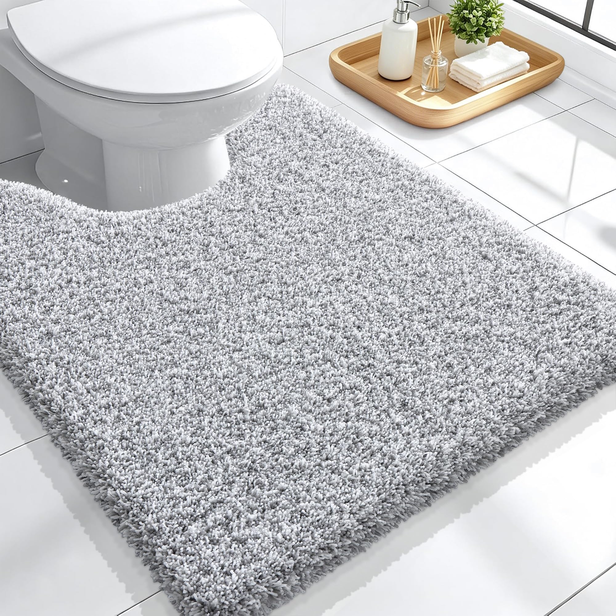 OLANLY Microfiber Bathroom Toilet Rugs U-Shaped Mat 24x20, Grey and White