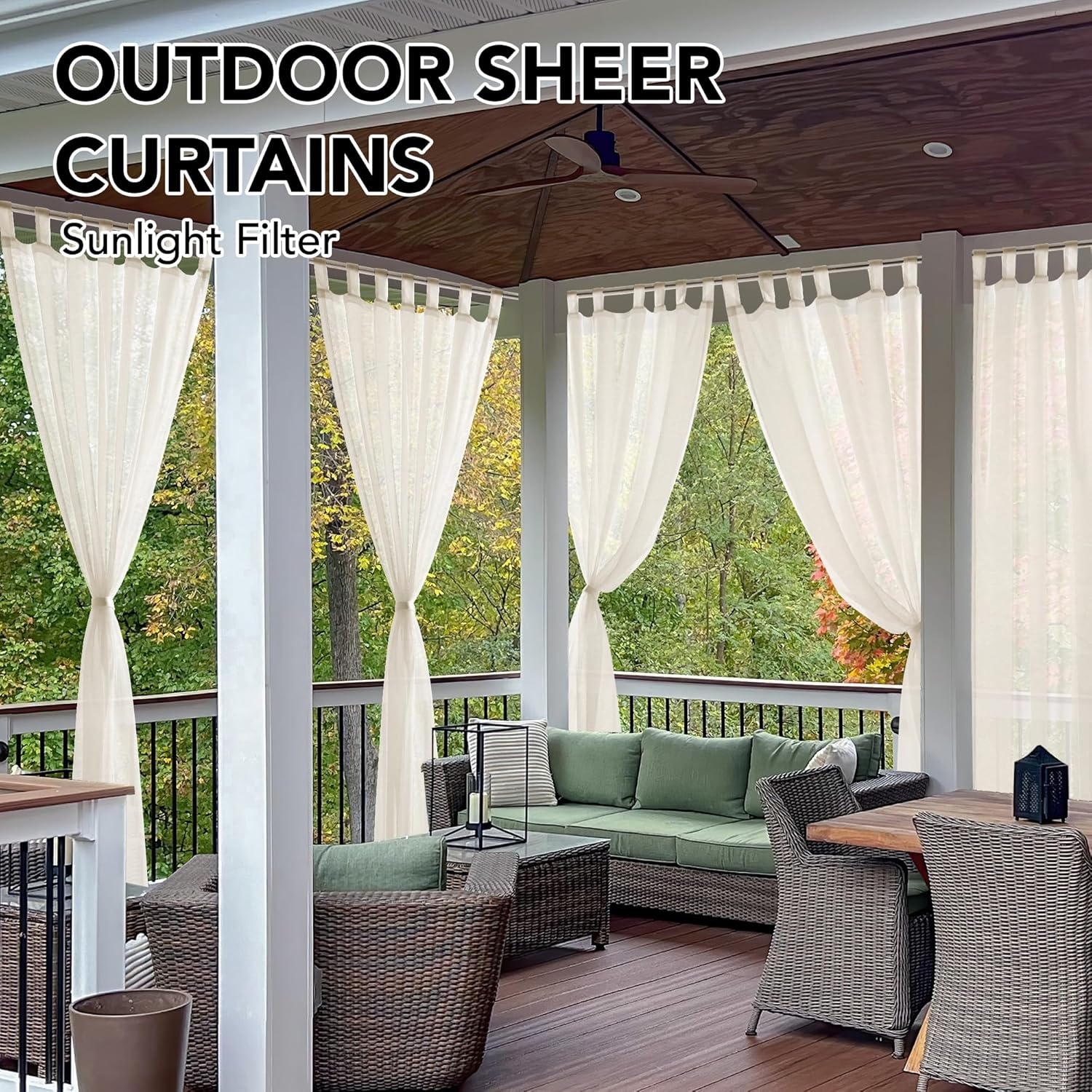 Deconovo Outdoor Sheer Curtains for Patio, Waterproof Voile Curtain Panels, Light Filtering Privacy Drapes for Pergola Gazebo Porch, Indoor Outdoor Use, Back Tab（Beige, 54x108 Inch, 2 Panels)