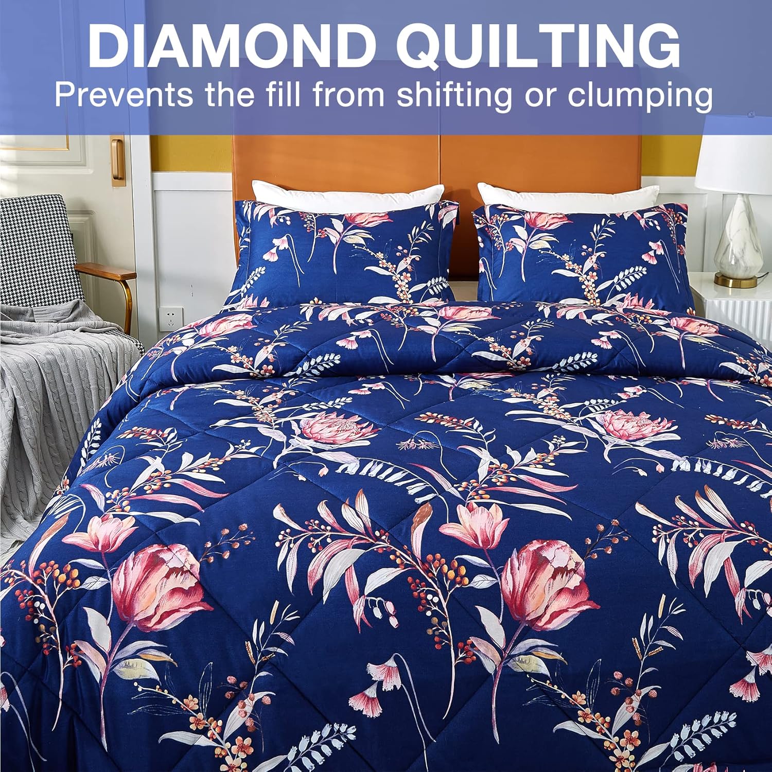 JSD Soft Navy Blue Floral Comforter Set King Size, 3 Piece All Season Printed Bedding Set (102 x 90 inches, 2 Pillow Shams)