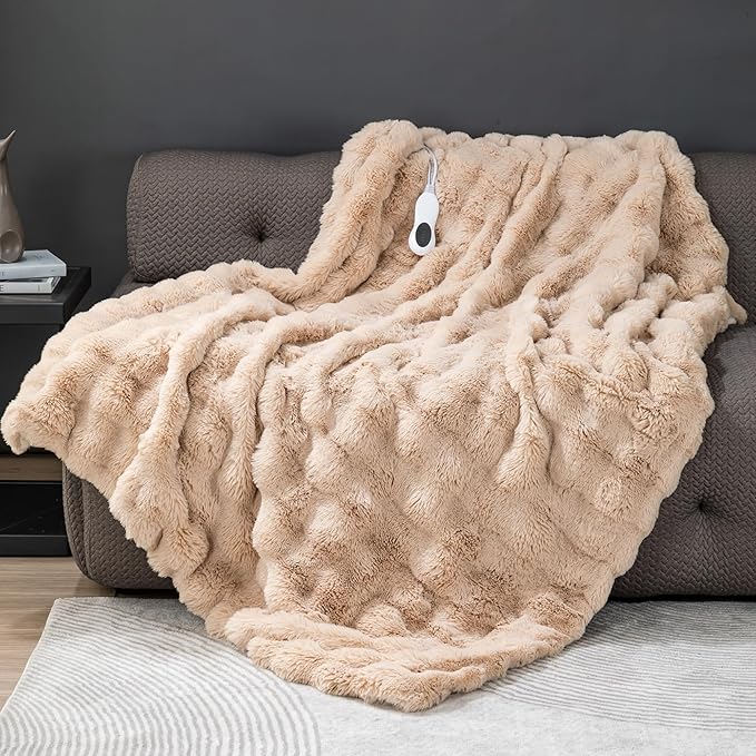 Heated Throw Blanket Electric - Washable Faux Rabbit Fur Heated Blanket 51"x63", with 10 Heating Levels, Digital Display & 2/4/8H Timer, Fast Heating & Over-Heat Protection