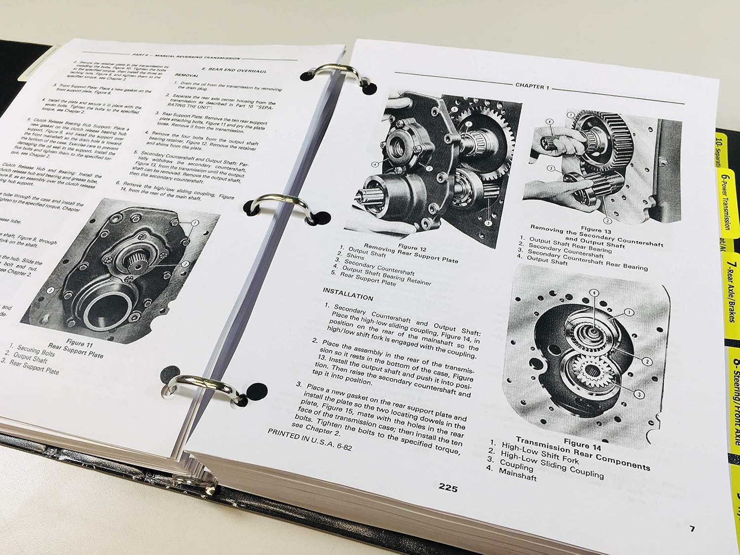 Manual page showing diagrams of transmission components and secondary countershaft for the Ford 550 555