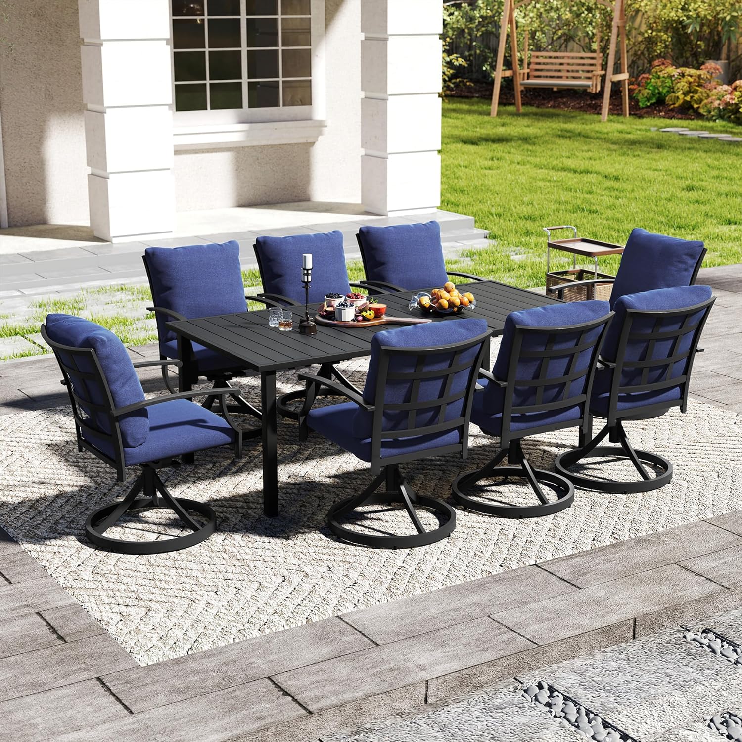 HAPPATIO 9-Piece Patio Dining Set, Outdoor Dining Set with Powder-Coated Metal,Dining Table with Umbrella Hole, 8 Swivel Chairs with Removable Cushions for Porch Poolside Garden,Navy Blue