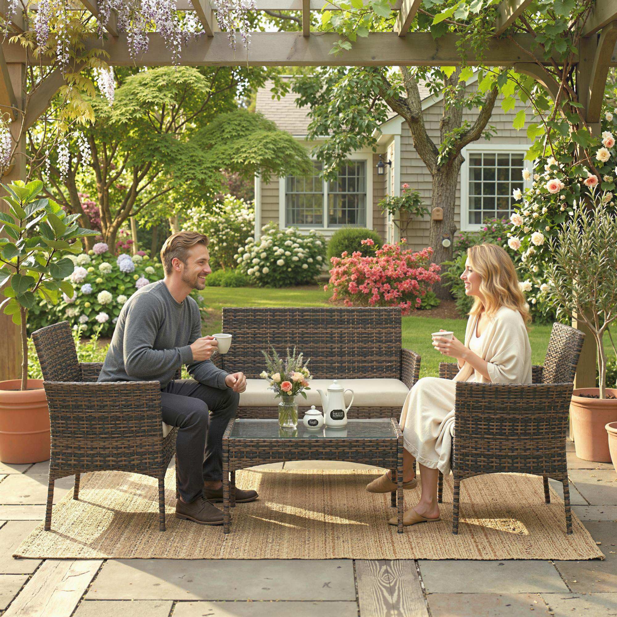 Outsunny Salon de Jardin extérieur 4 Personnes, Salon de Balcon en résine tressée avec canapés et Table Basse en Verre trempé, Coussins déhoussables Inclus, pour Patio Balcon terrasse, Beige