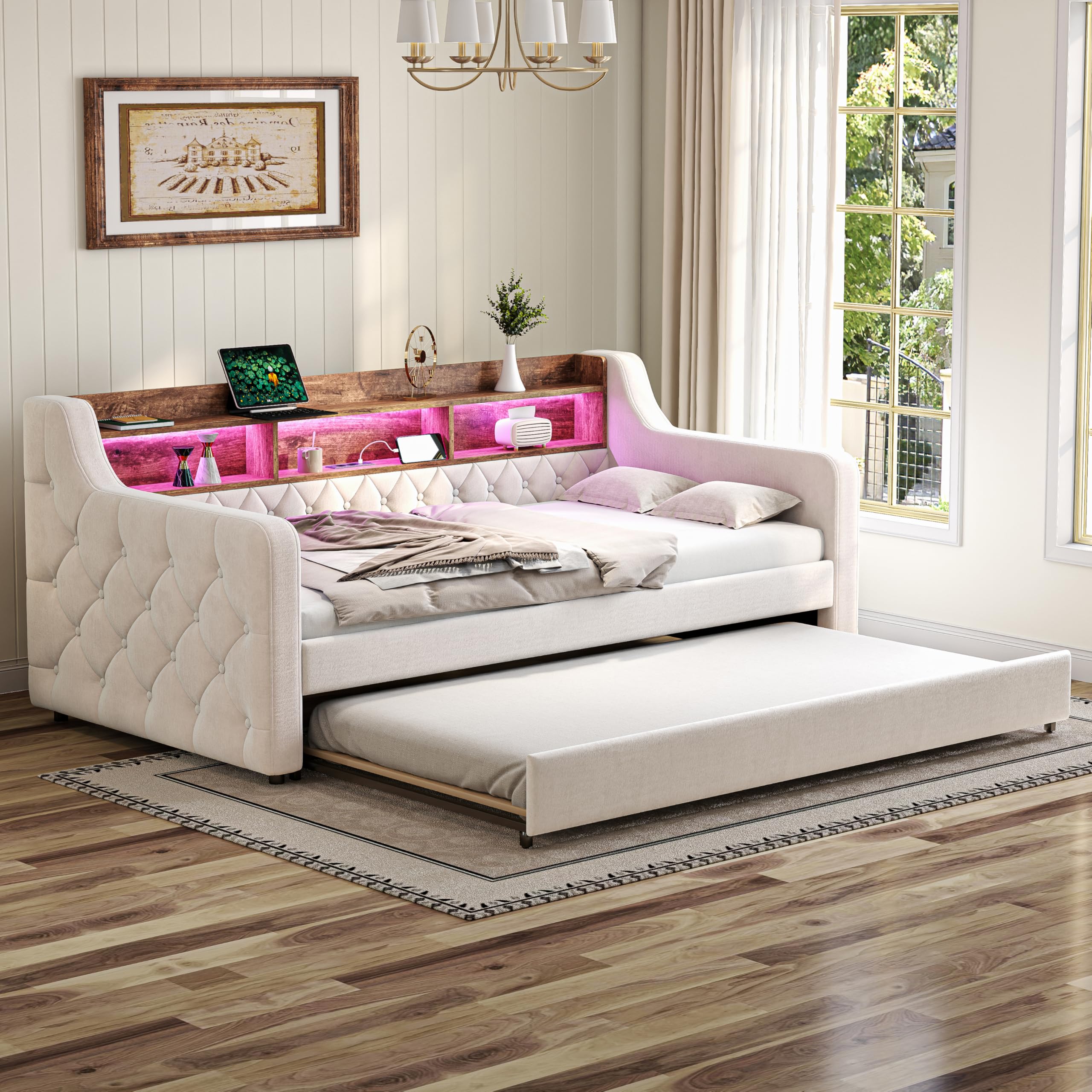 Divano Letto 90x190cm in Velluto con Luce LED e Porta USB-C, Testiera Contenitore, Letto Imbottito Matrimoniale con Reti a doghe, Struttura in Metallo e Legno, Sofa Bed Beige
