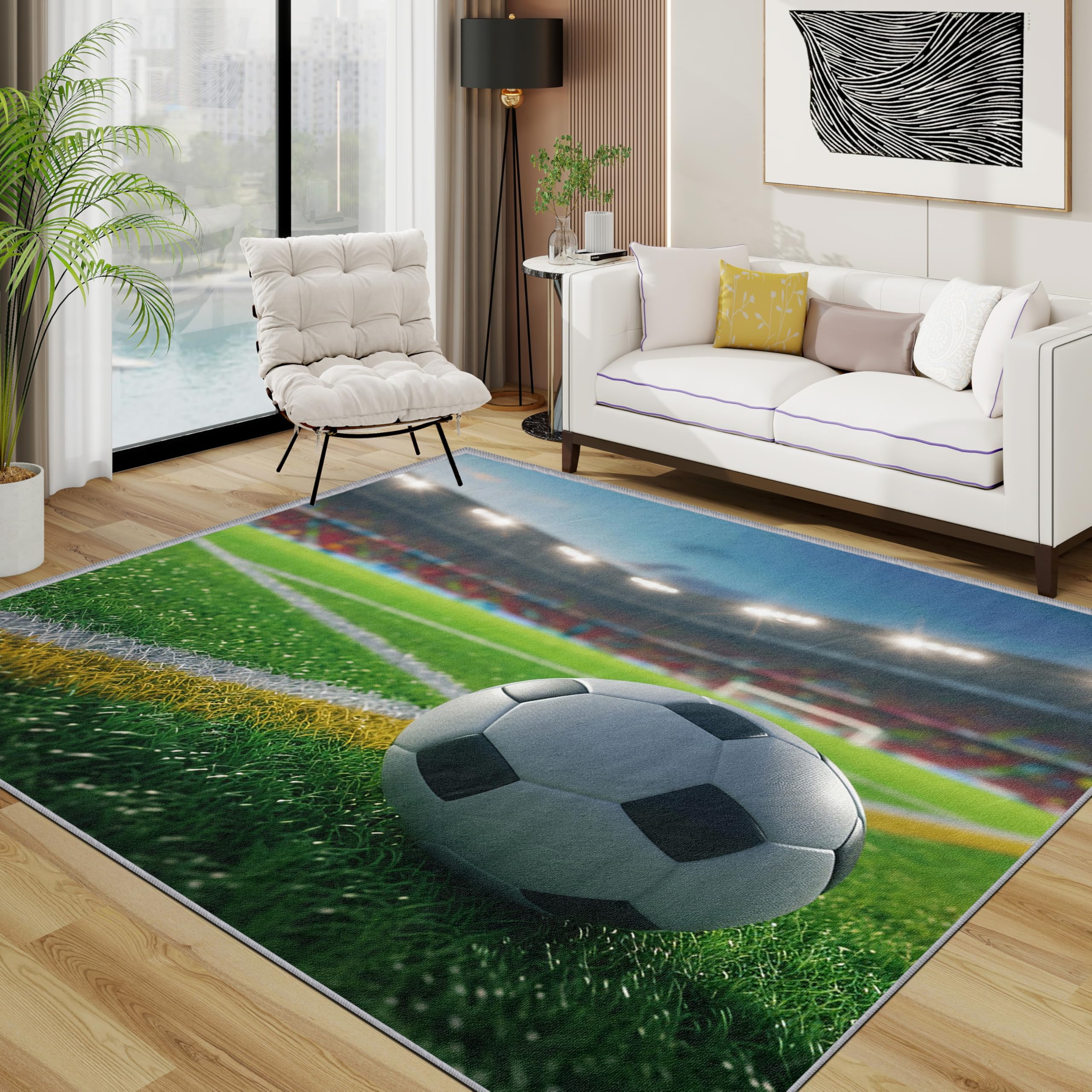 Football Area Rugs for Living Room 120x120 - Sports Soccer Field Rug for Bedroom, Ball game boys kids Non Slip Washable Short Pile Carpet, Football Room Decor