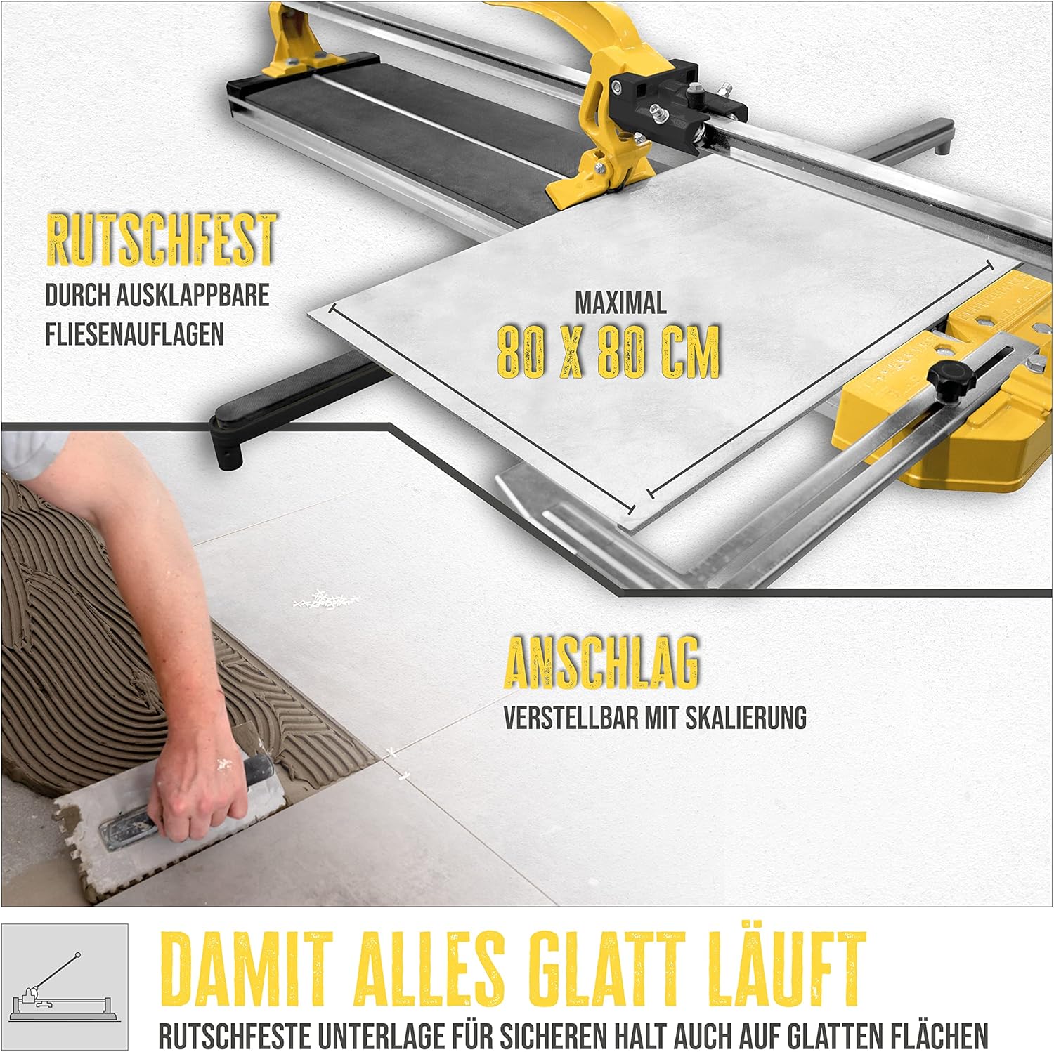 GÜDE GHF 800 Manual Tile Cutter with a tile placed, showing the adjustable stop and maximum tile size