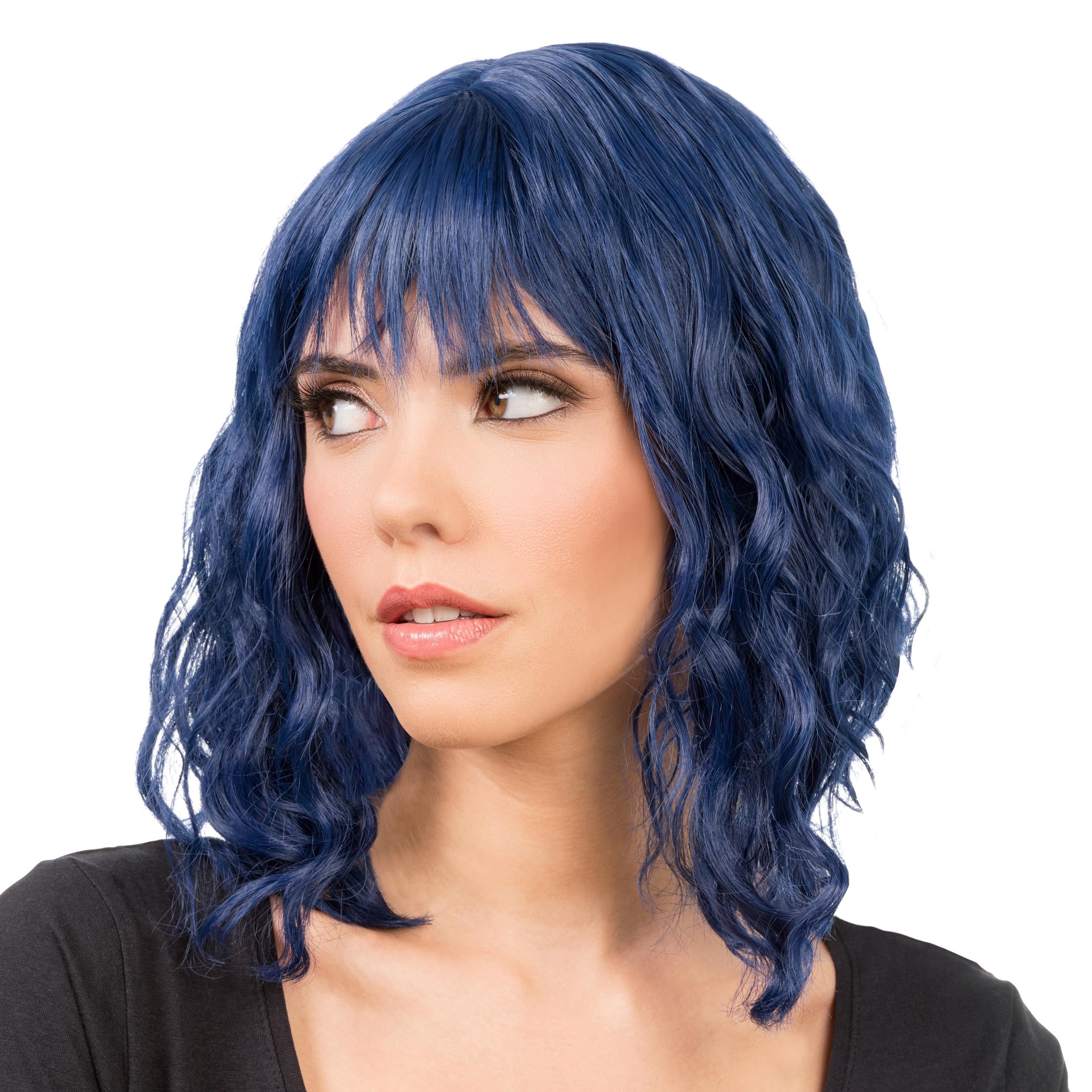 Chaks - Women's Short Curly Hair Wig 35 cm Bob Wavy with Fringe Made of Polyester, Festival, Carnival, Cosplay