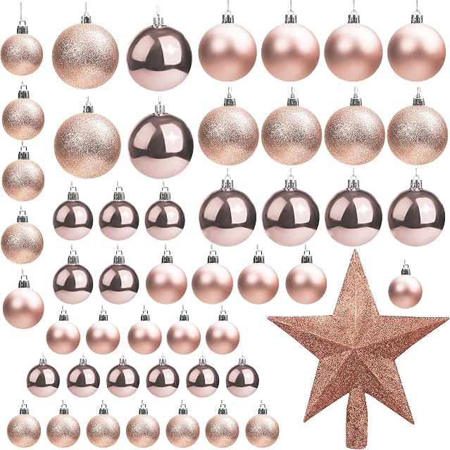 Belle Vous 50 Pack Christmas Baubles- Assorted Size Glittery Rose Gold Baubles with Star Tree Top - Xmas Tree Ball Hanging Ornaments for Christmas Decorations Holiday Party Indoor/Outdoor Decorations