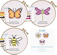Kraftex Floral Stamped Cross Stitch Kits for Beginners - 3 Pack Garden Creatures (Butterfly, Dragonfly, Bee) DIY Needlepoint