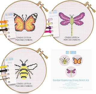 Kraftex Floral Stamped Cross Stitch Kits for Beginners - 3 Pack Garden Creatures (Butterfly, Dragonfly, Bee) DIY Needlepoint
