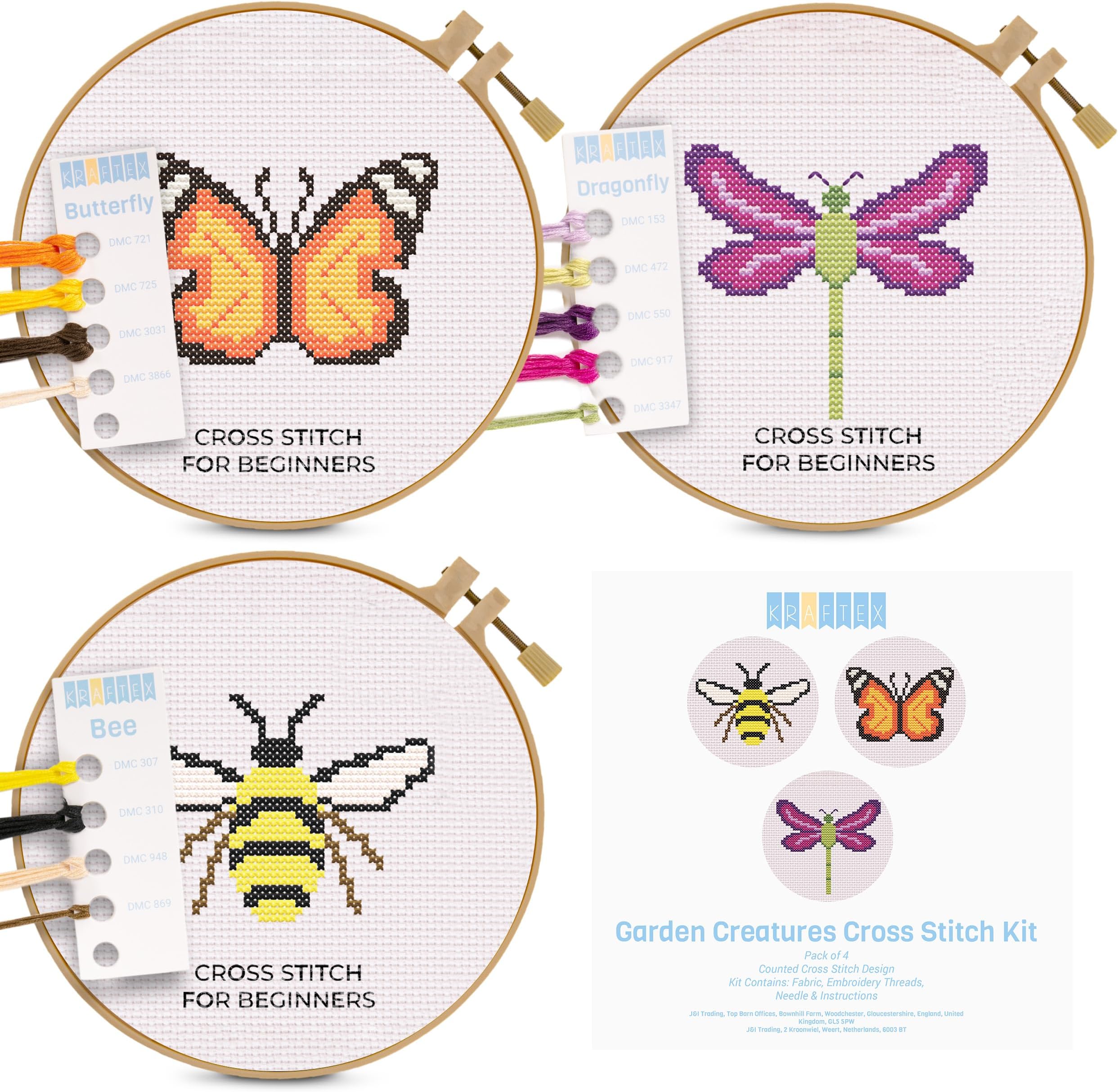 Kraftex Floral Stamped Cross Stitch Kits for Beginners - 3 Pack. DIY Embroidery Needlepoint Patterns for Adults. Easy Cross Stitch Kits for Beginners (Garden Creatures)