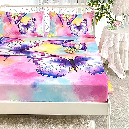 Miniatura 3 de CVHOUSE Juego de sábanas bajeras de mariposa de tamaño matrimonial juego de sábanas de mariposa colorida 1 sábana encimera y 1 sábana bajera con 2