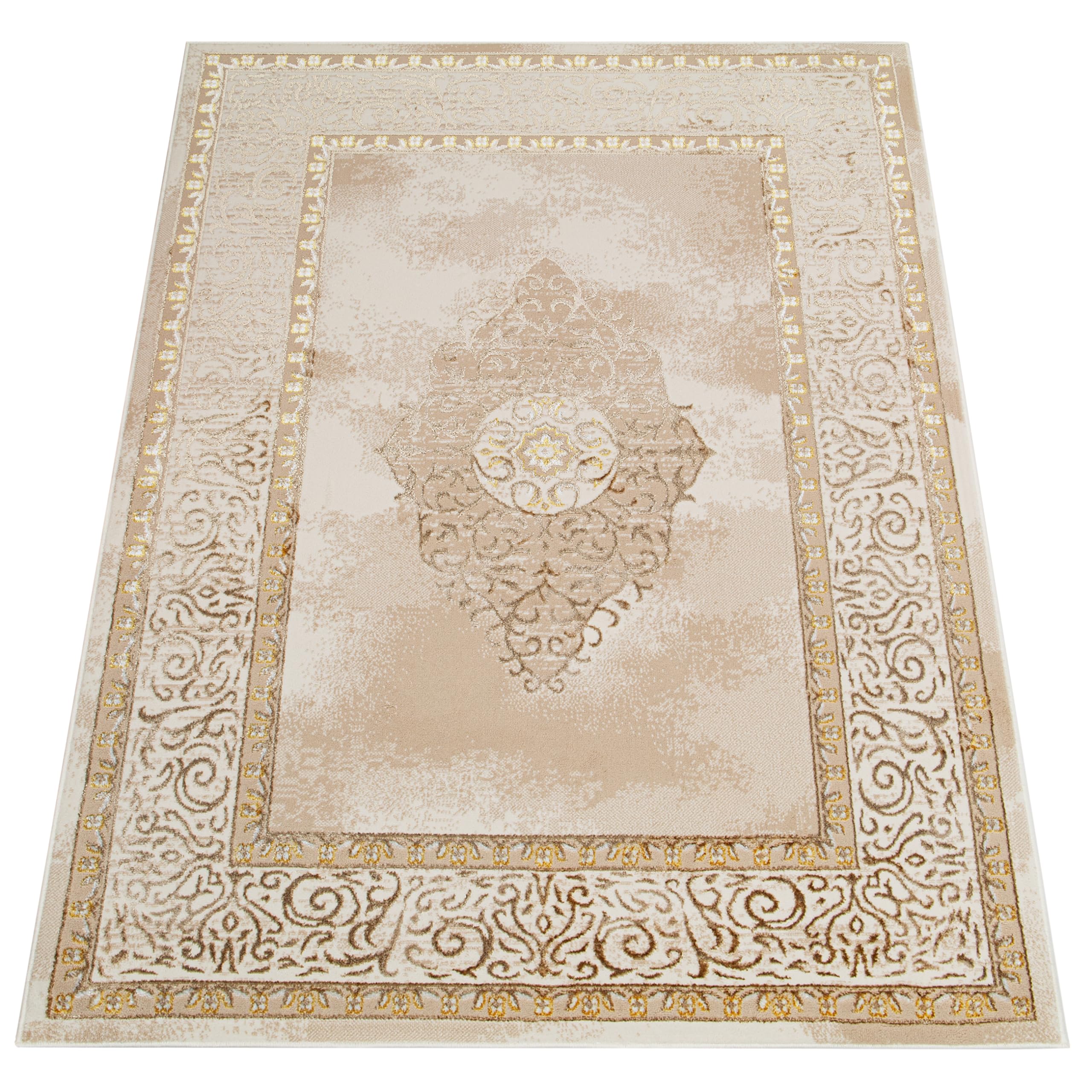 TAPISO Ares Tapis Poils Courts Traditionnel Or Marron Beige Ornamental Médaillon Bordure Effet 3D Brillant Doux Tapis Salon Chambre Oeko-TEX Résistant 200 x 300 cm